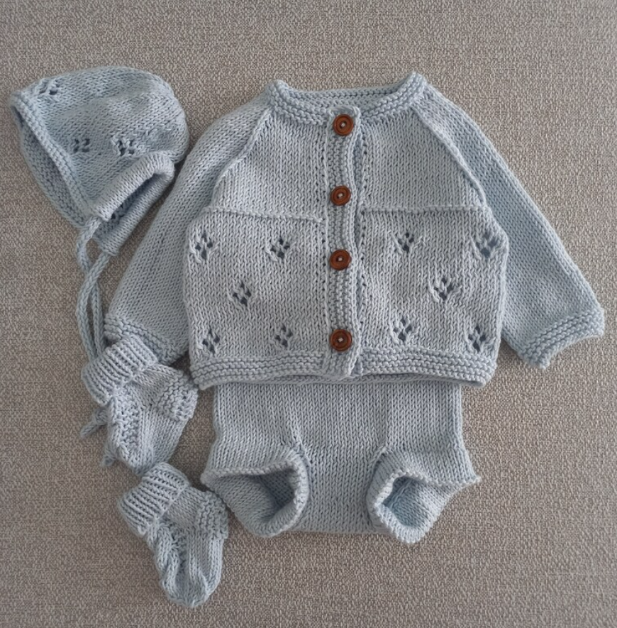 Hand Knitted Organic Cotton Newborn Set: Cardigan, Bloomer, Bonnet & Socks