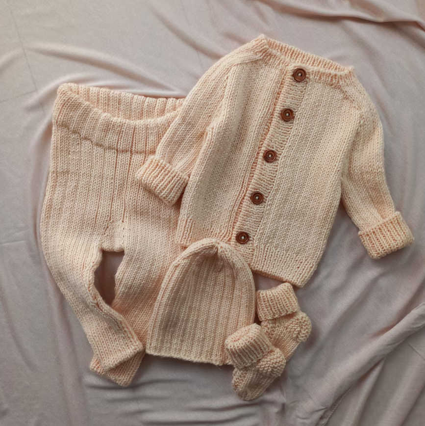 Hand Knit Merino Wool Baby Set: Cream Cardigan, Pants, Hat & Socks