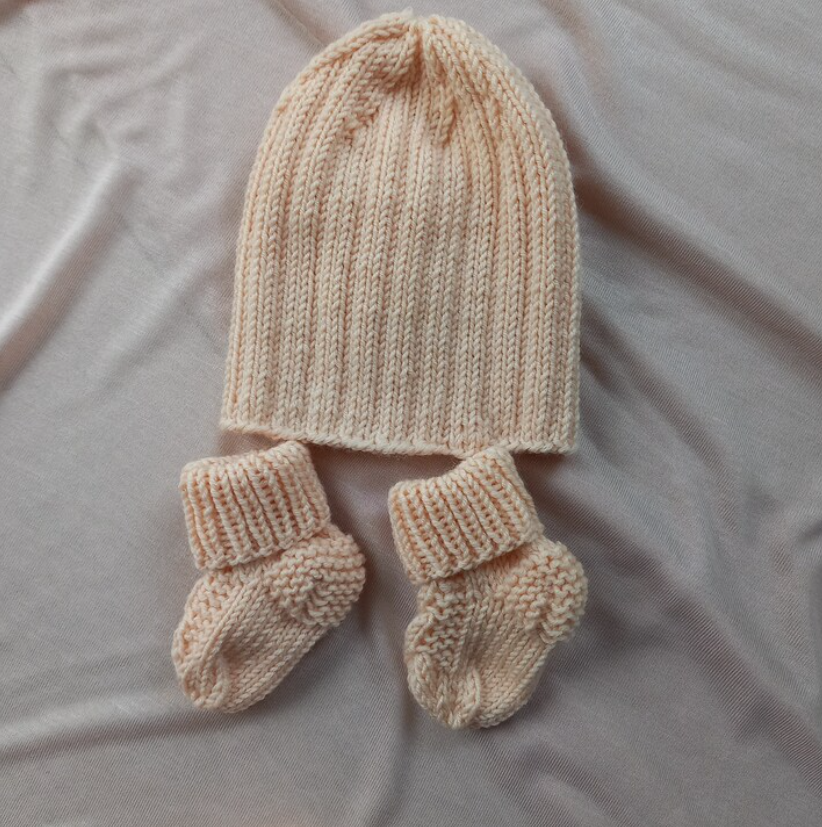 Hand Knit Merino Wool Baby Set: Cream Cardigan, Pants, Hat & Socks