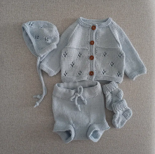 Hand Knitted Organic Cotton Newborn Set: Cardigan, Bloomer, Bonnet & Socks