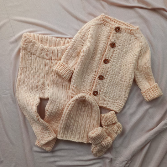 Hand Knit Merino Wool Baby Set: Cream Cardigan, Pants, Hat &amp; Socks