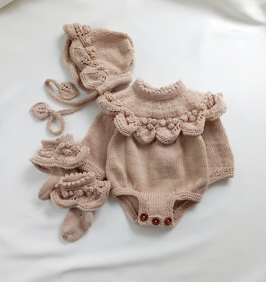 Hand Knitted Cotton Baby Ruffle Romper Set: Romper, Bonnet &amp; Socks