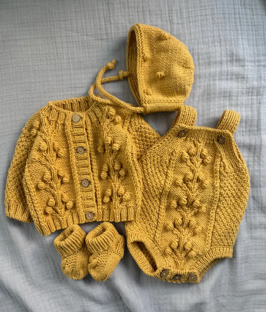 Baby Cardigan Romper set with Bonnet and Booties - knitted cotton outfit